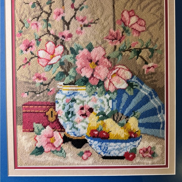 Vintage Needlepoint  Cherry Blossom Framed Picture 19”x21” Fruits Flowers 60s - Picture 9 of 14
